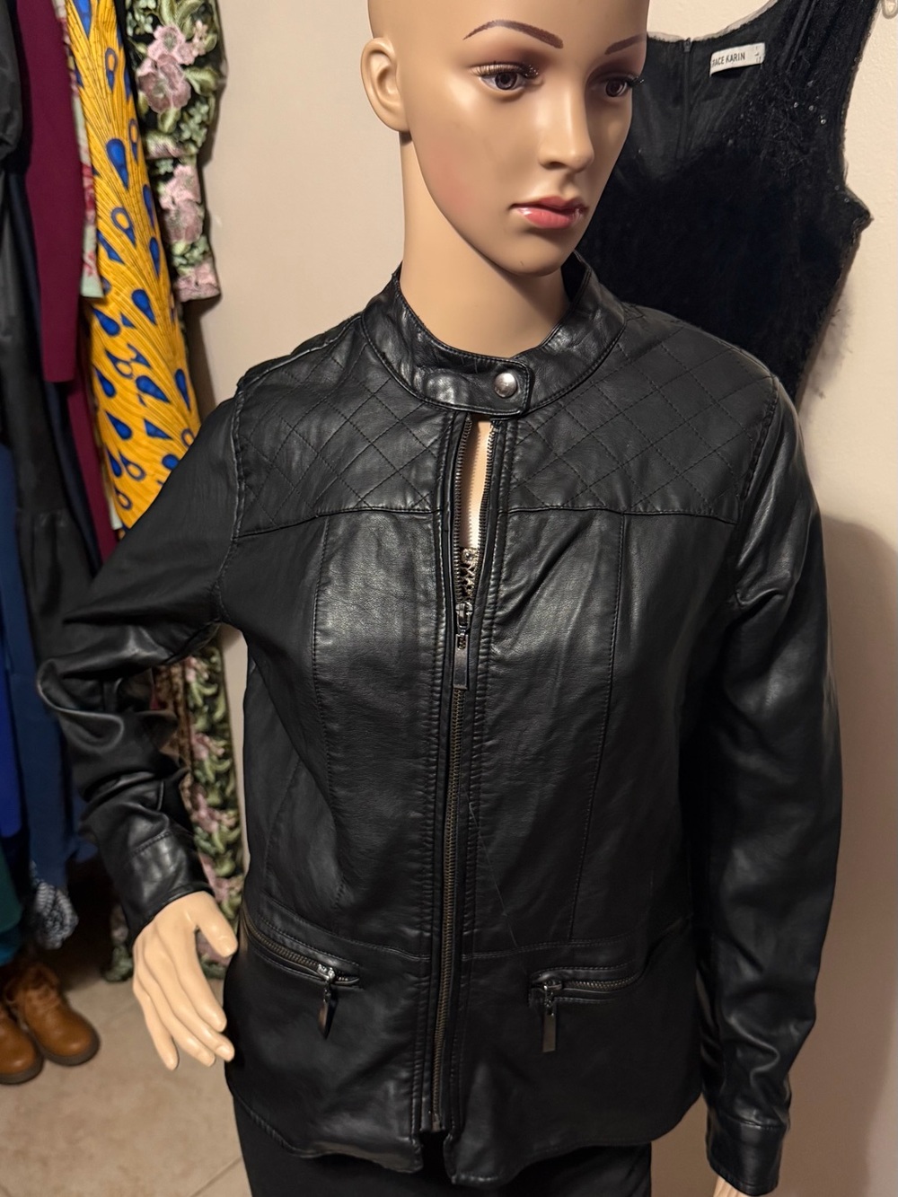 Classic Joujou Black Faux Leather Moto Jacket with Snap button Collar